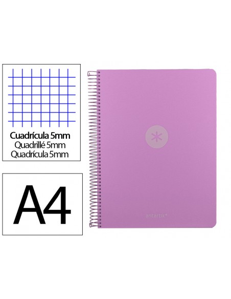 Cuaderno espiral antartik micro a4 tapa foam 120h 90gr cuadro 5mm 5 bandas 4 taladros color lavanda