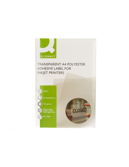 Etiqueta adhesiva q-connect poliester a4 transparente para impresoras inkjet pack con 20 hojas