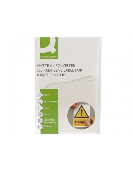 Etiqueta adhesiva q-connect poliester a4 blanco mate para impresoras inkjet pack con 20 hojas