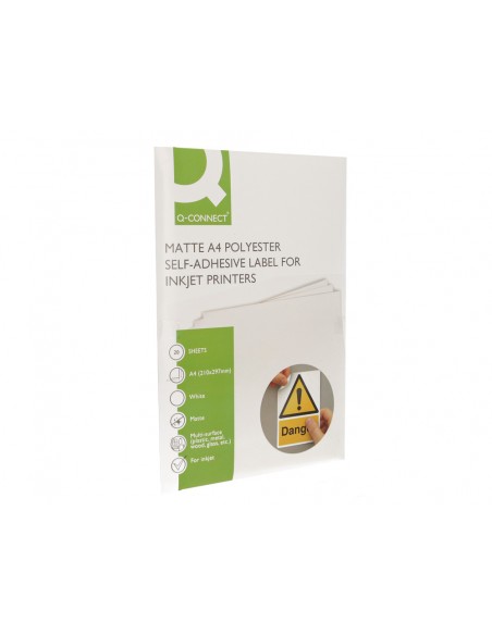 Etiqueta adhesiva q-connect poliester a4 blanco mate para impresoras inkjet pack con 20 hojas