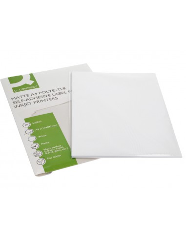 Etiqueta adhesiva q-connect poliester a4 blanco mate para impresoras inkjet pack con 20 hojas