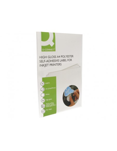 Etiqueta adhesiva q-connect poliester a4 blanco alto brillo para impresoras inkjet pack con 20 hojas