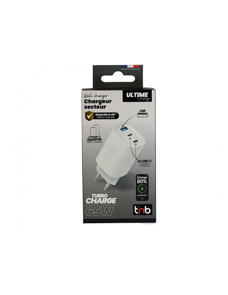 Cargador de pared tnb gan 65w 2xusb-c + usb a color blanco