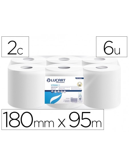 Papel secamanos lucart celulosa virgen 16,5 g 2 capas 180 mm x 95 m paquete de 6 rollos