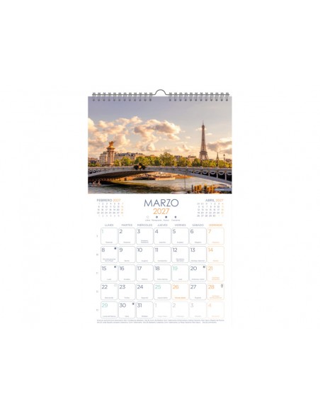 Calendario espiral pared liderpapel imagenes ciudades 2027 para escribir 250x400 mm papel 157 g
