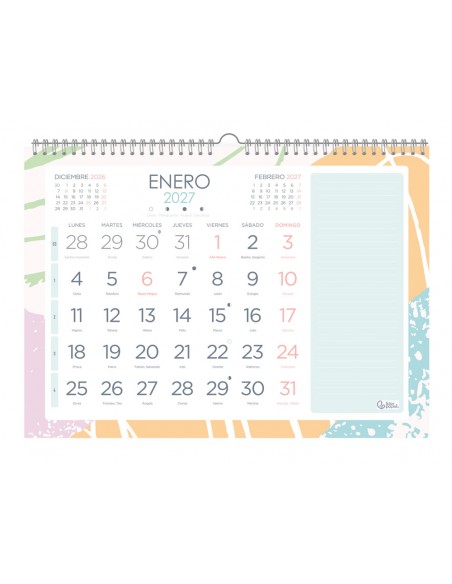 Calendario espiral pared liderpapel joven 2027 numeros grandes 440x320 mm papel 128 g con pegatinas