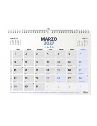 Calendario pared liderpapel clasico 2027 lomo engomado 440x320 mm papel 128 g