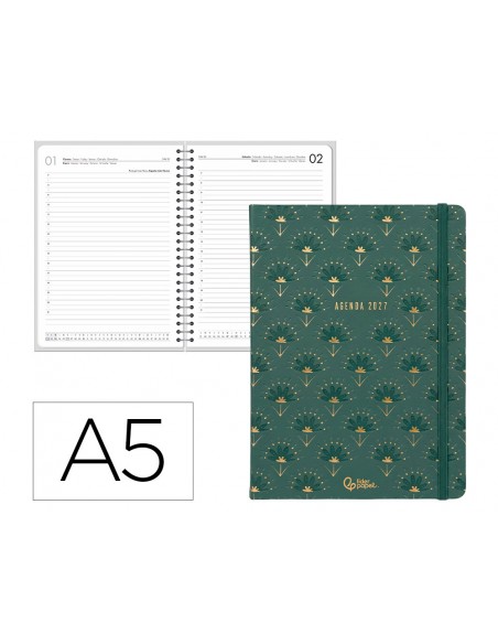Agenda oficina liderpapel 2027 encuadernada boho dia pagina a5 bilingue 70g papel fsc verde