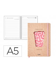 Agenda oficina liderpapel 2027 encuadernada coffe dia pagina a5 bilingue 70g papel fsc rosa