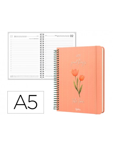 Agenda oficina liderpapel 2027 espiral flowers a dia pagina a5 bilingue 70g papel fsc naranja