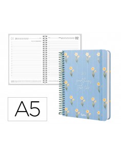 Agenda oficina liderpapel 2027 espiral flowers a dia pagina a5 bilingue 70g papel fsc celeste
