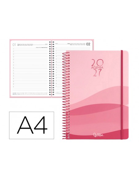 Agenda oficina liderpapel 2027 espiral gazi dia pagina a4 bilingue 70g papel fsc rojo