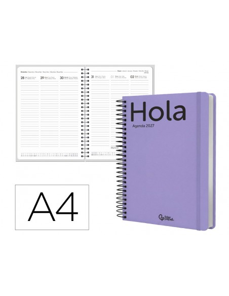 Agenda oficina liderpapel 2027 espiral classic semana vista a4 bilingue 70g papel fsc malva