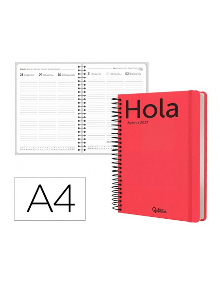 Agenda oficina liderpapel 2027 espiral classic semana vista a4 bilingue 70g papel fsc rojo