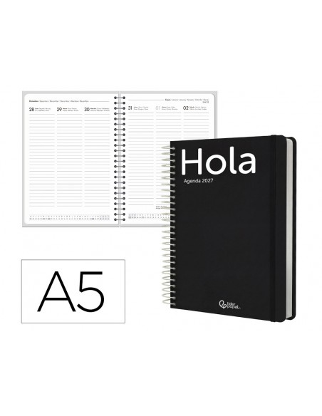 Agenda oficina liderpapel 2027 espiral classic semana vista a5 bilingue 70g papel fsc negro