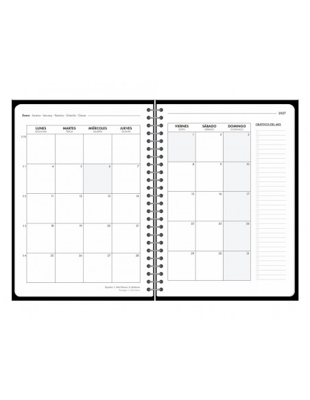Agenda oficina liderpapel 2027 espiral basic dia pagina a6 bilingue 60g papel fsc negro