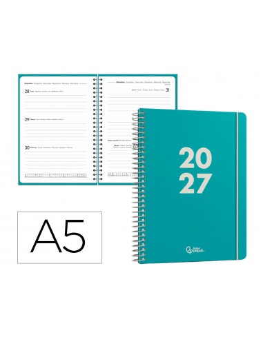 Agenda oficina liderpapel 2027 espiral basic semana vista a5 bilingue 60g papel fsc turquesa