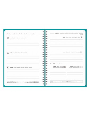 Agenda oficina liderpapel 2027 espiral basic semana vista a5 bilingue 60g papel fsc turquesa