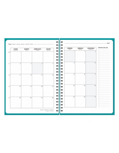 Agenda oficina liderpapel 2027 espiral basic semana vista a5 bilingue 60g papel fsc turquesa