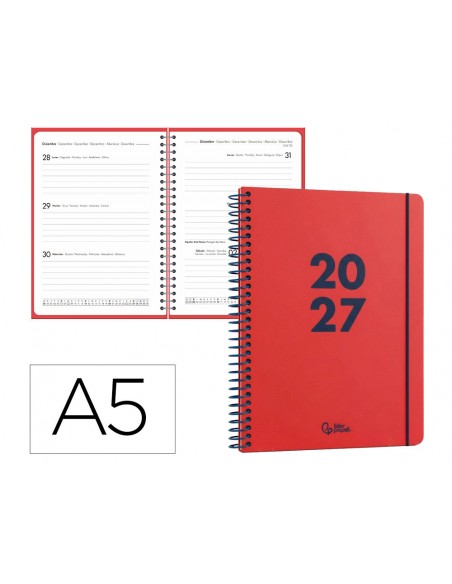 Agenda oficina liderpapel 2027 espiral basic semana vista a5 bilingue 60g papel fsc rojo