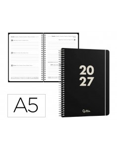 Agenda oficina liderpapel 2027 espiral basic semana vista a5 bilingue 60g papel fsc negro