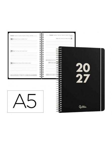 Agenda oficina liderpapel 2027 espiral basic semana vista a5 bilingue 60g papel fsc negro