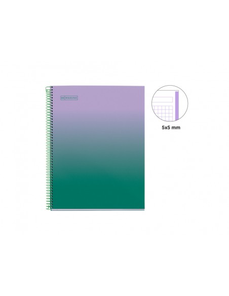 Cuaderno espiral miquelrius din a4 80 hojas cuadro 5 mm 90 gr gradient lavanda/verde