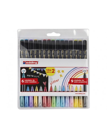 Rotulador edding punta fibra 1200 pack de 13 unidades + 2 unidades gratis colores metalicos/glitter