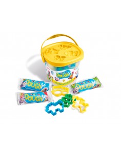 Pasta para modelar carioca doughy bucket 50 gr set de 3 unidades colores surtidos + 4 moldes