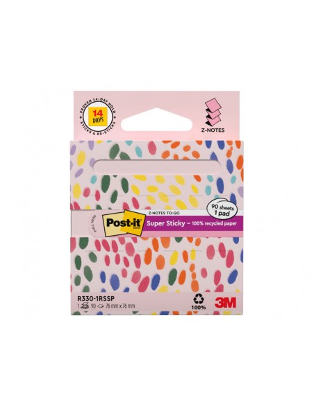 Bloc de notas adhesivas quita y pon post it z-notas super sticky 100% pefc 76x76 mm dispensador 90 hojas rosa