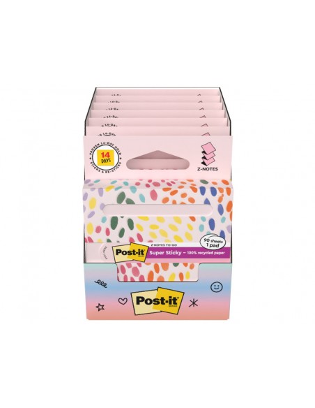Bloc de notas adhesivas quita y pon post it z-notas super sticky 100% pefc 76x76 mm dispensador 90 hojas rosa