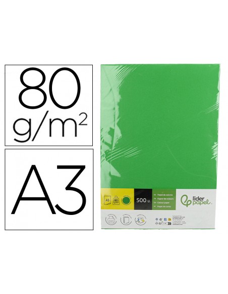 Papel color liderpapel din a3 80 g verde intenso paquete de 500 hojas
