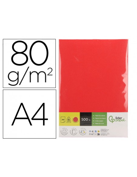 Papel color liderpapel din a4 80 g rojo intenso paquete de 500 hojas