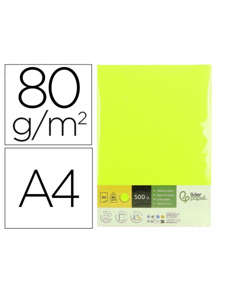 Papel color liderpapel din a4 80 g amarillo neon paquete de 500 hojas