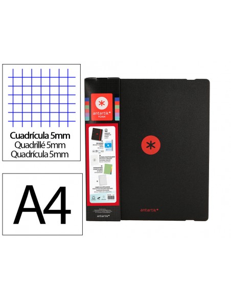 Carpeta con recambio antartik a4 cuadro 5mm foam 4 anillas 35mm mixtas bicolor negro rojo