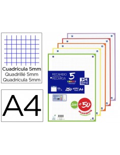 Recambio oxford din a4 200+50 hojas gratis cuadro 5 mm 4 taladros con banda 5 colores vivos