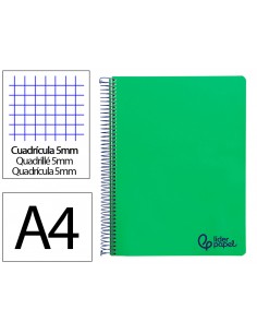 Cuaderno espiral liderpapel a4 micro wonder tapa plastico 120h 90gr cuadro 5mm 5 bandas 4 taladros color verde oscuro