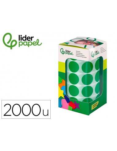 Gomets liderpapel autoadhesivo circulos 20 mm verde rollo de 2000 unidades en caja de carton