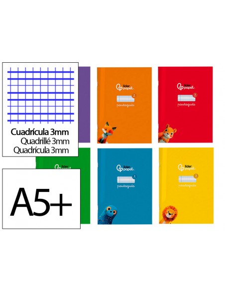 Libreta liderpapel pautaguia tapa cartoncillo 32h din a5+ 75gr cuadriculado pautado 3mm con margen 6 colores surtidos