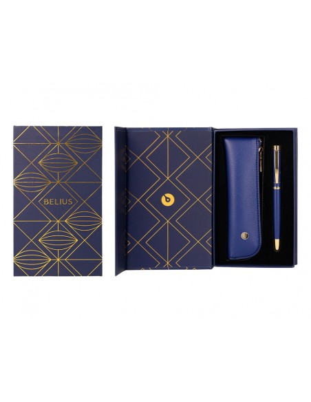 Boligrafo y estuche belius soiree color azul marino y dorado tinta azul caja de diseño