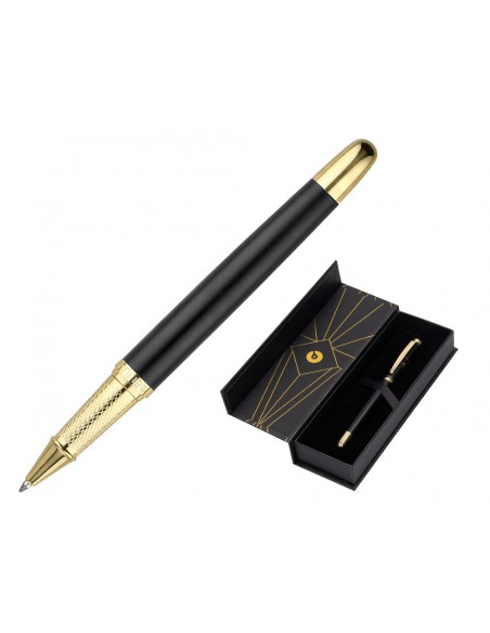 Boligrafo belius soiree aluminio color art deco negro y dorado tinta azul caja de diseño