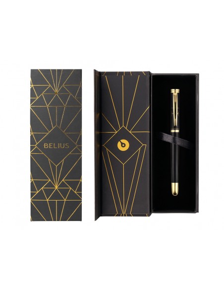 Boligrafo belius soiree aluminio color art deco negro y dorado tinta azul caja de diseño