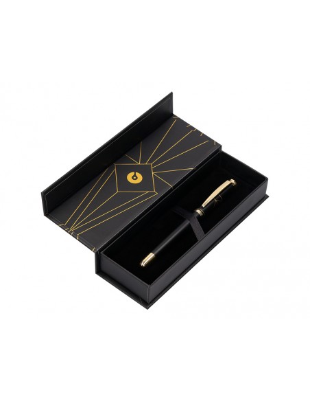 Boligrafo belius soiree aluminio color art deco negro y dorado tinta azul caja de diseño