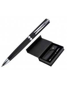 Boligrafo y estuche belius turbo aluminio textura punteada negro y plateado tinta azul caja de diseño