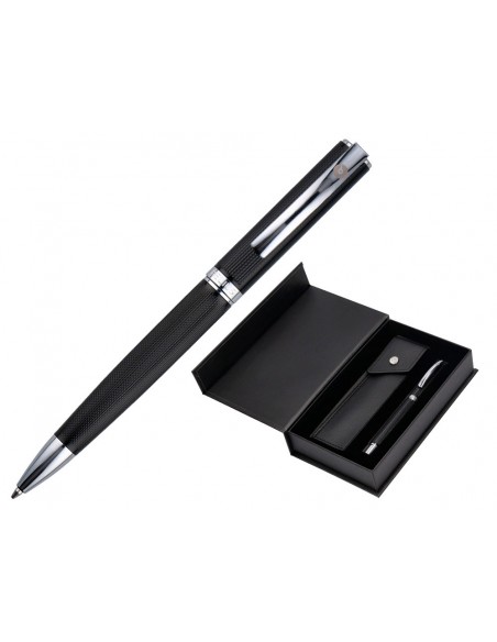 Boligrafo y estuche belius turbo aluminio textura punteada negro y plateado tinta azul caja de diseño