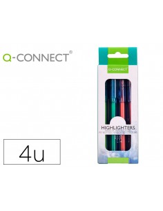 Rotulador q-connect fluorescente punta biselada fabricado pet reciclado caja de 4 unidades colores surtidos
