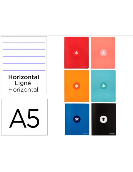 Libreta antartik a5+ plus cosida 48 hojas 90gr rayado horizontal con margen 6 colores surtidos