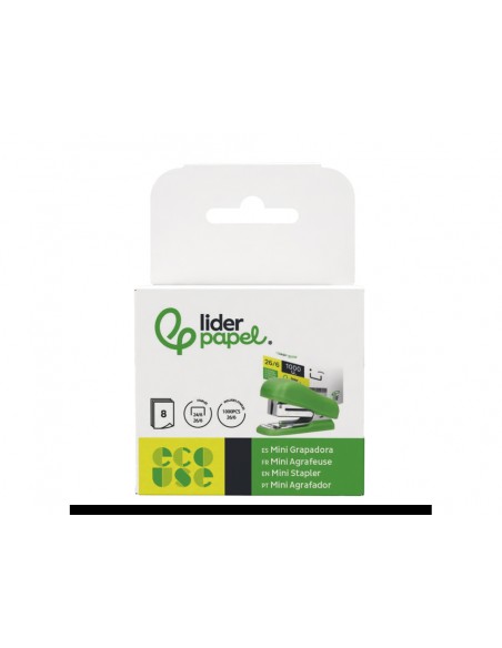 Grapadora liderpapel ecouse mini capacidad 12 hojas 100% plastico reciclado con caja de 1000 grapas 26/6