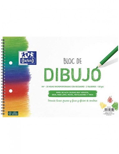 Bloc de dibujo oxford espiral din a4+ 20 hojas con recuadro 2 taladros 130 gr