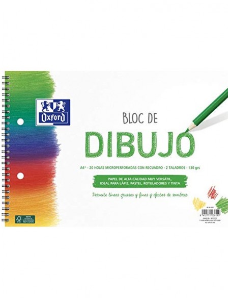Bloc de dibujo oxford espiral din a4+ 20 hojas con recuadro 2 taladros 130 gr